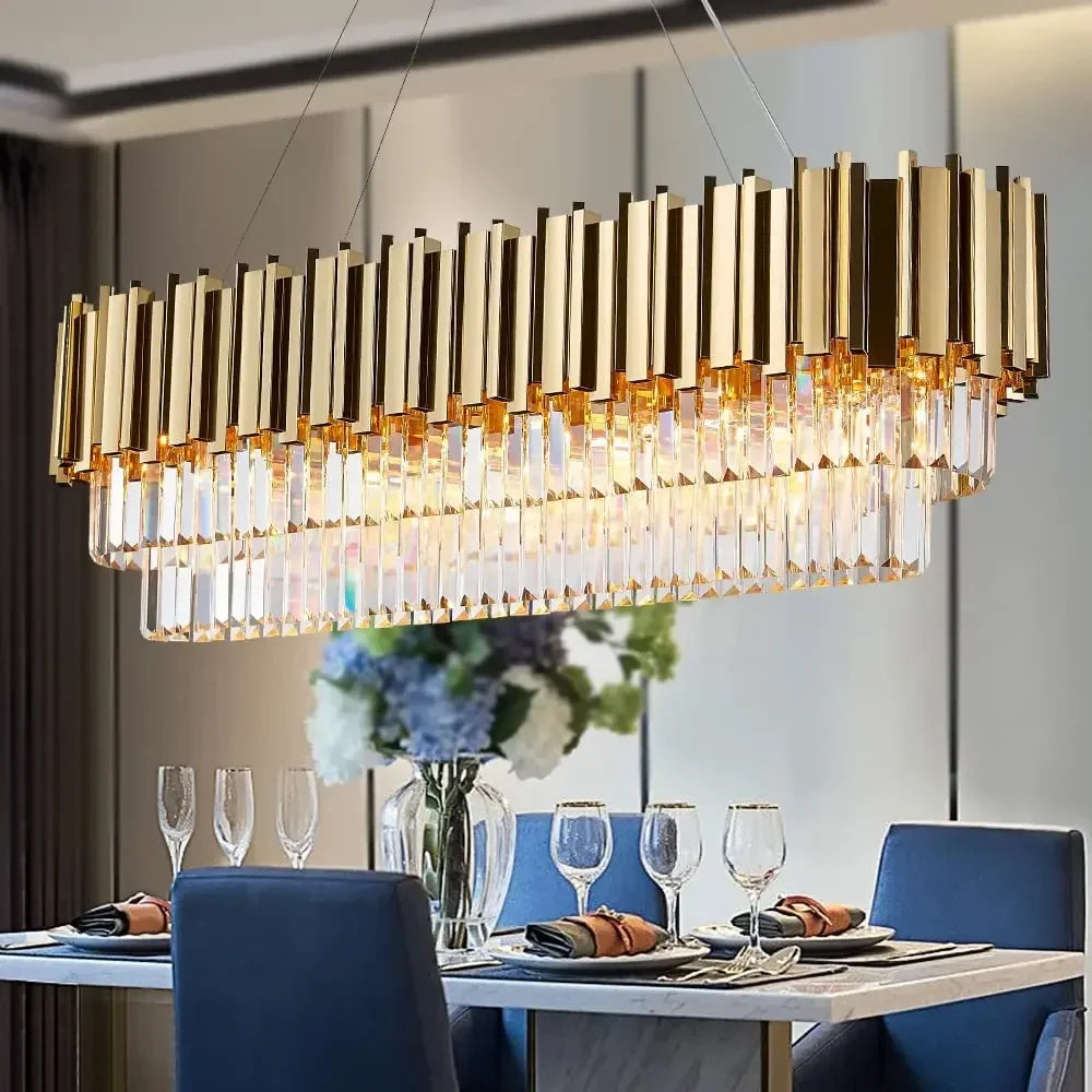 Afralia™ Gold Crystal Chandeliers for Dining Room Kitchen Island - Luxury Oval Pendant Lights Fixture