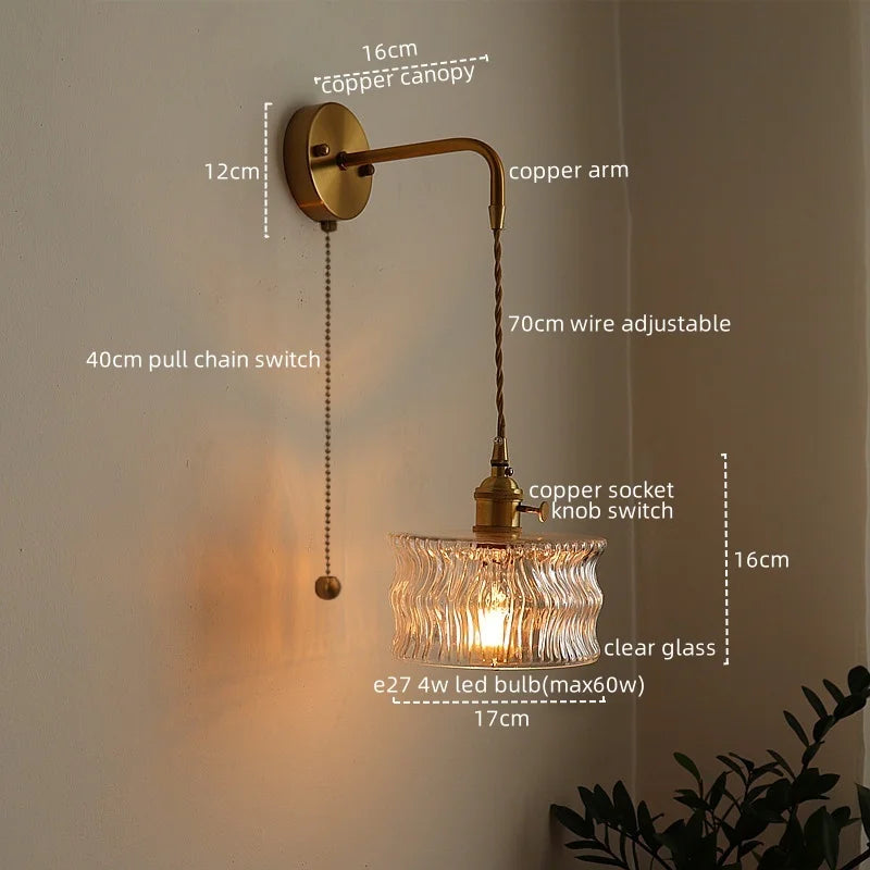 Afralia™ Copper Glass LED Wall Lamps Retro Style for Bedroom Bar Bathroom Mirror