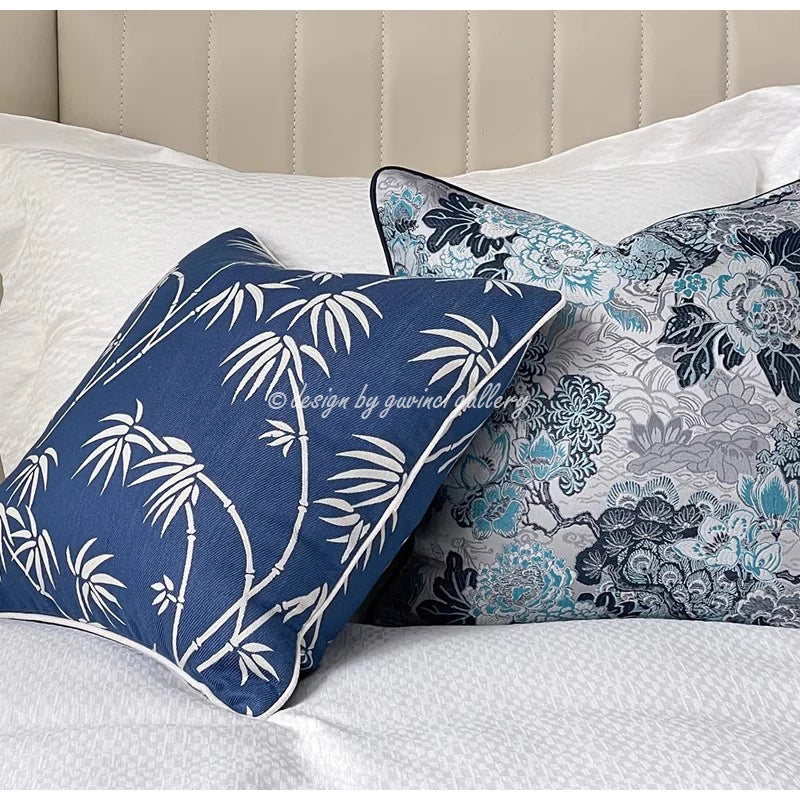 Afralia™ Chinoiserie Blue Peony Floral Jacquard Cushion Cover - Oriental Art Decor for Sofa