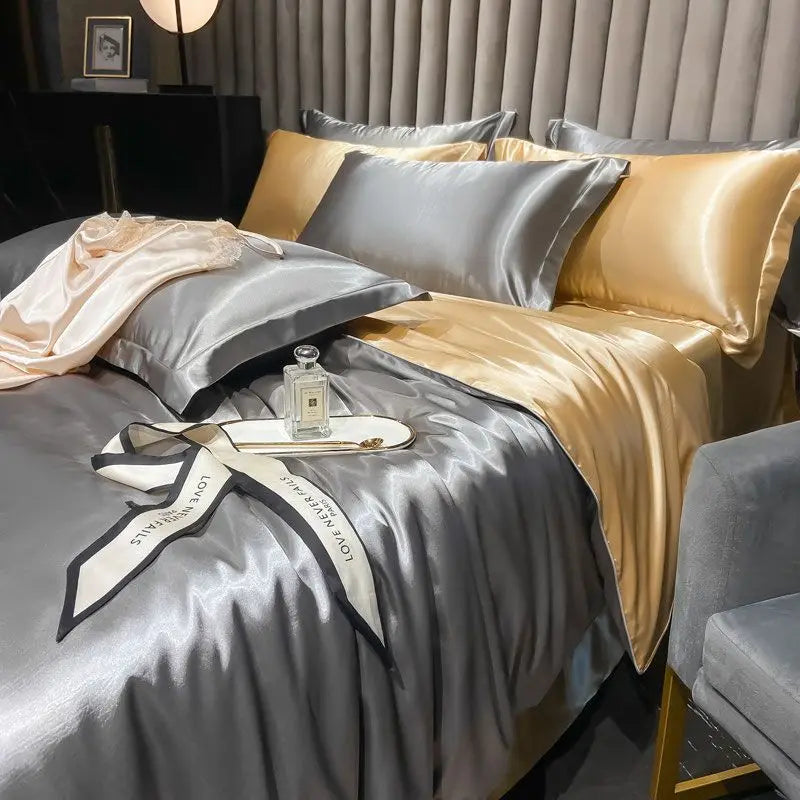 Afralia™ Silk Bedding Set: Mulberry Silk Duvet Set with Fitted Sheet, King or Queen Size
