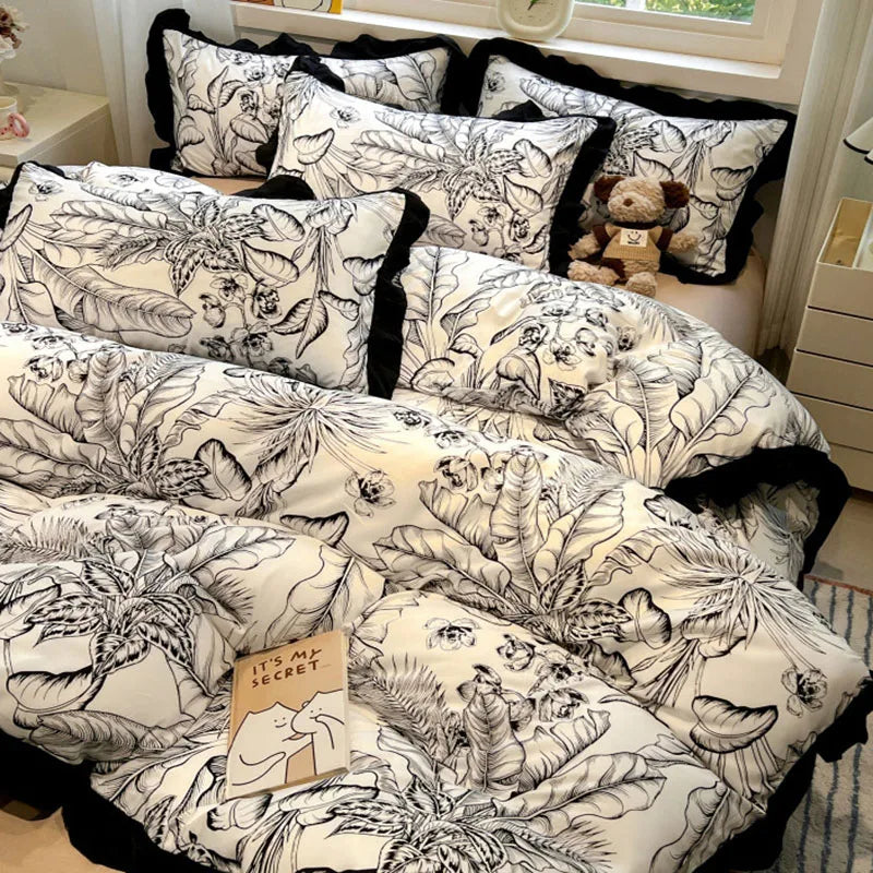 Afralia™ Korean Black White Hepburn Style Bedding Set with Lace Fitted Sheet Set