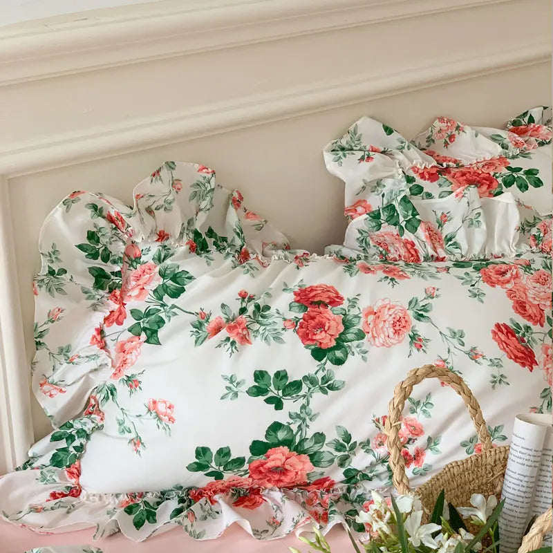Afralia™ French Vintage Rose Print Bedding Set with Lace Ruffles and Linen Details