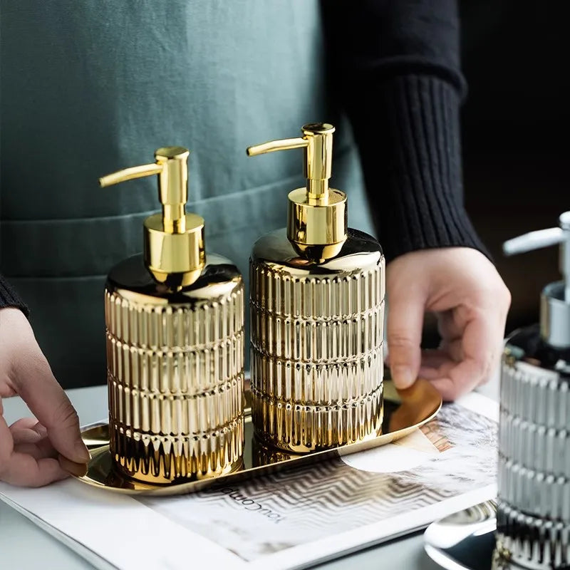Afralia™ Ceramic Soap Dispenser Set | Silver Bathroom Shampoo Bottles 340 ML
