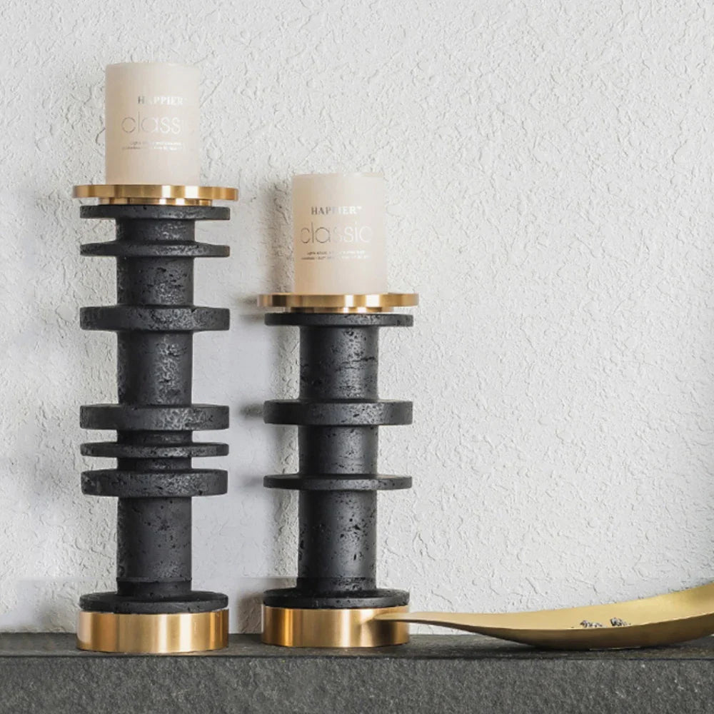 Afralia™ Beige Brown Travertine Marble Candle Holder with Metal Base