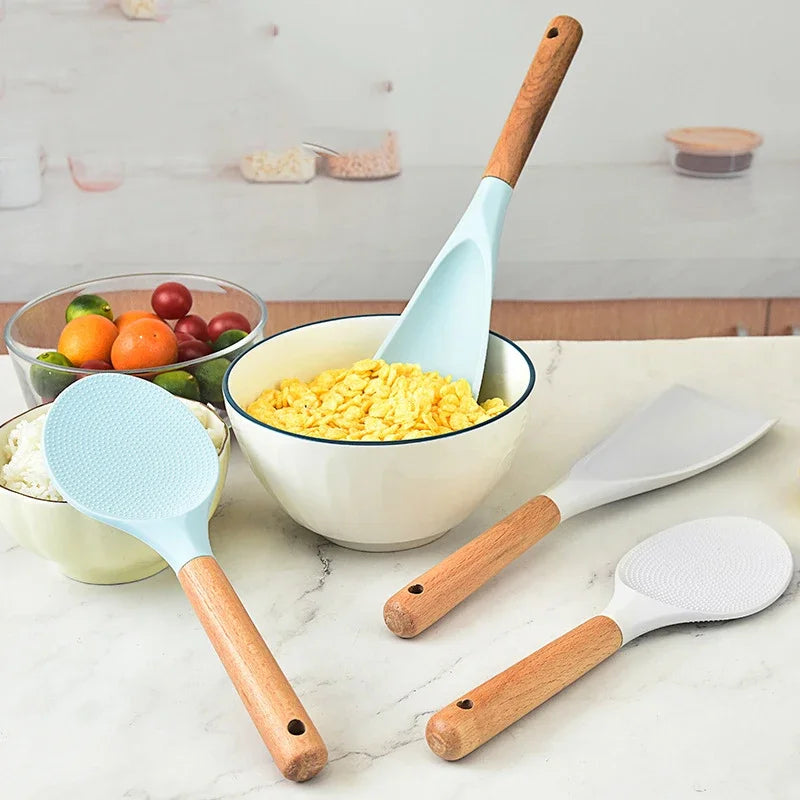 Afralia™ Silicone Rice Shovel Spoon with Wooden Handle - Non-Stick Cooking Spatula Scoop