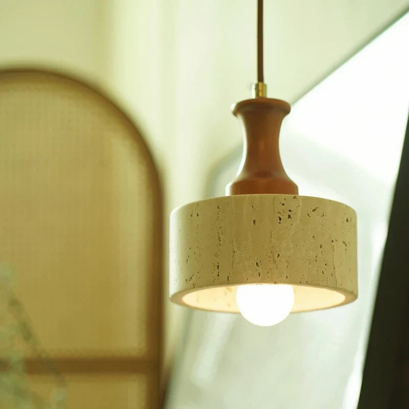 Afralia™ Wabi Sabi LED Pendant Lights Brown Wood Stone Yellow Travertine Hang Lamp