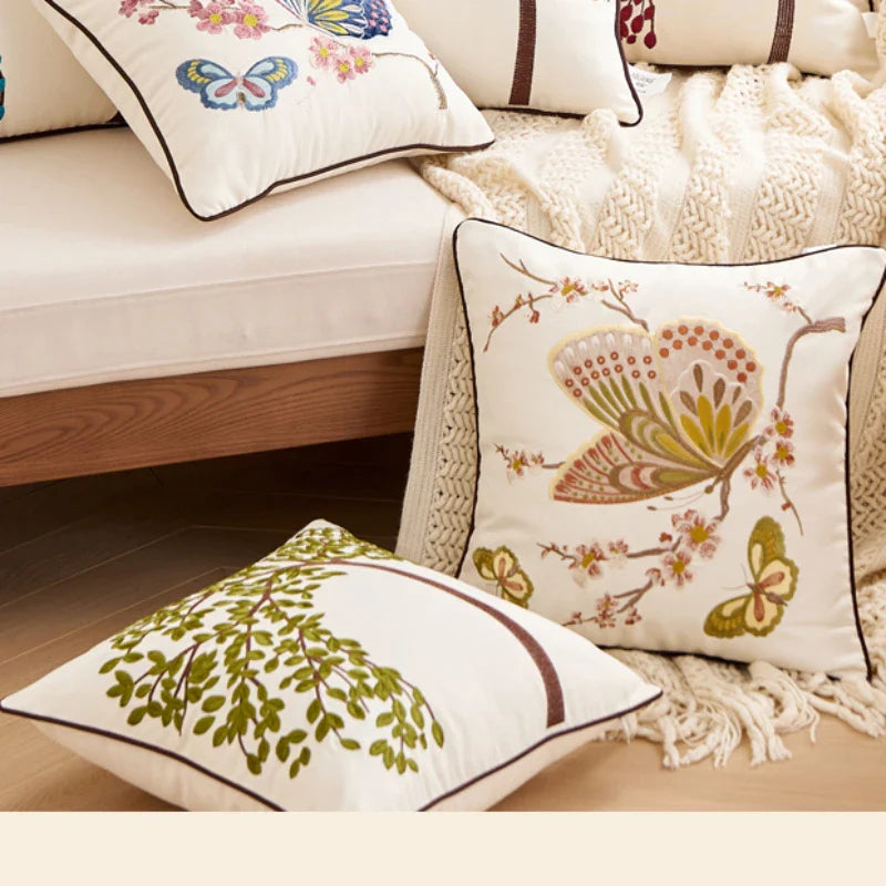 Afralia™ Butterfly Tree Embroidered Cushion Cover for Office Sofa & Home Decoration.