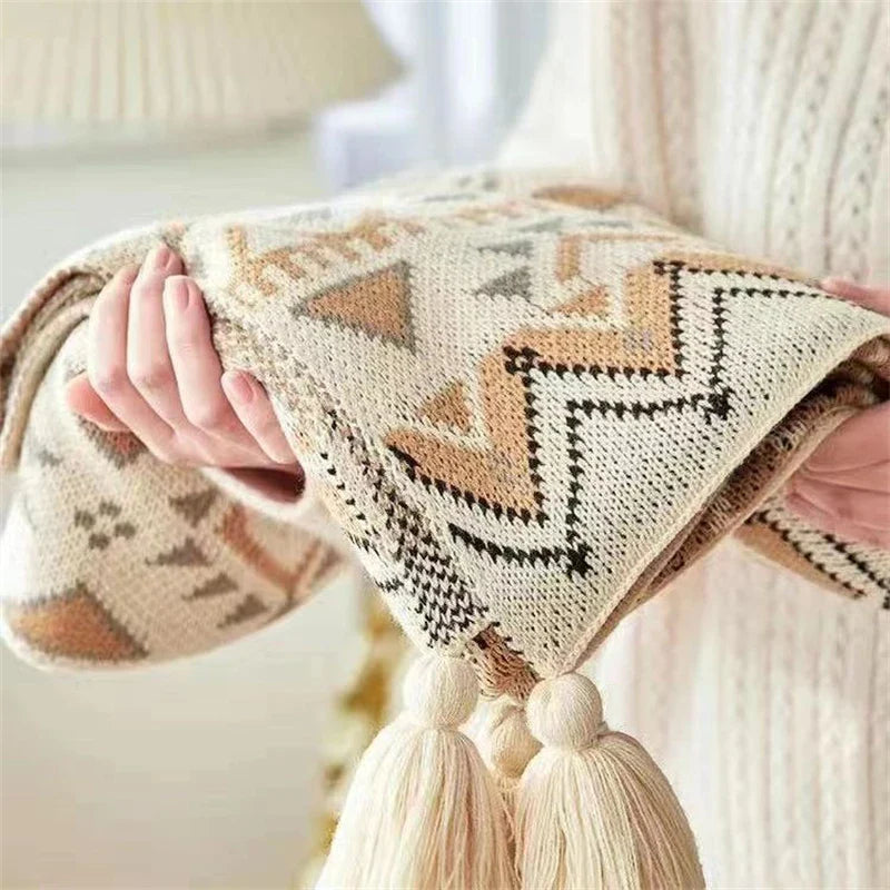 Afralia™ Bohemian Striped Knit Throw Blanket with Tassel Shawl - Versatile and Cozy Blanket