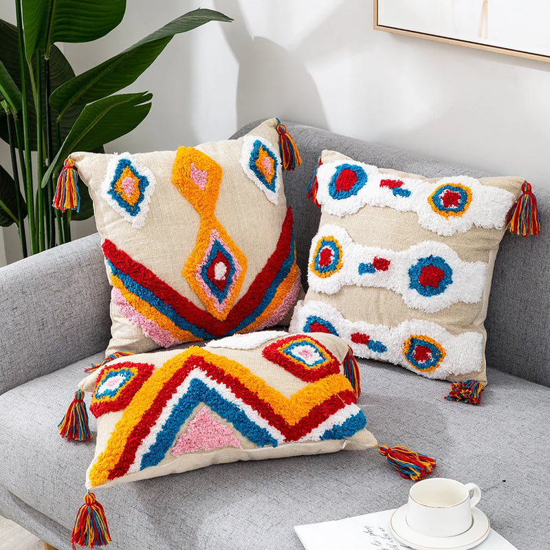 Afralia™ Hand-Embroidered Tufted Geometric Tassel Pillowcase