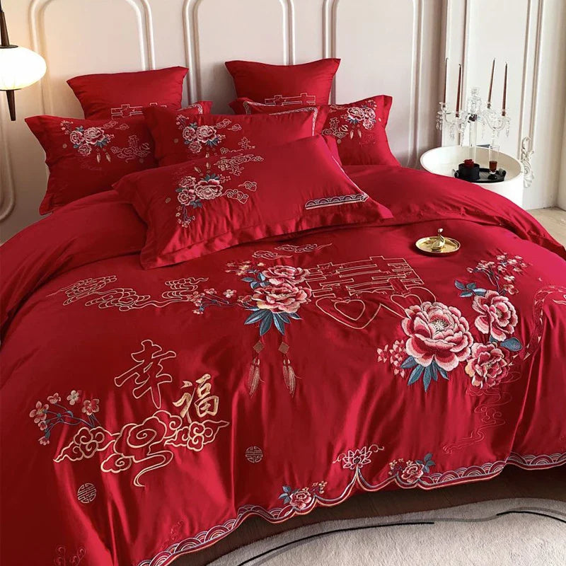 Afralia™ Peony Flowers Embroidery Queen Bedding Set with Brushed Duvet Cover and Sheet