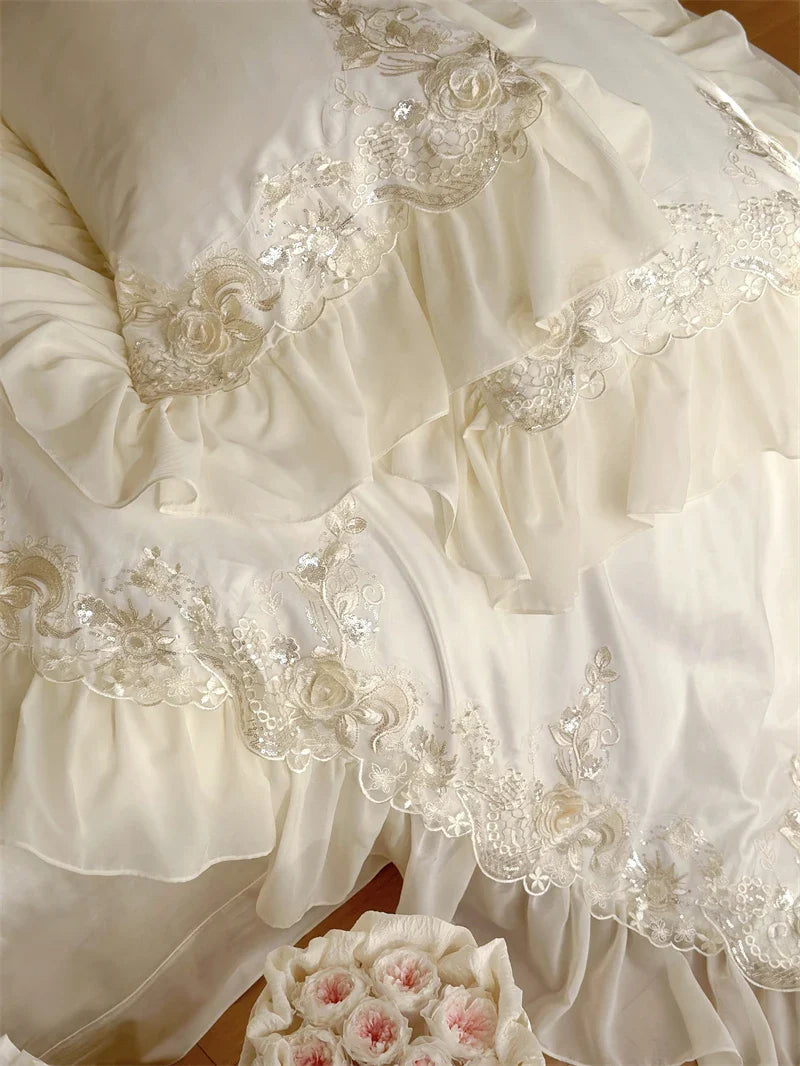 Luxury Lace Ruffle Wedding Bedding Set by Afralia™
