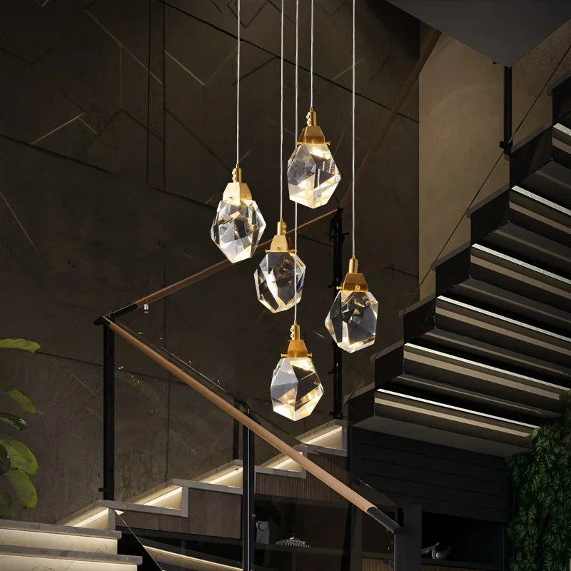 Afralia™ Diamond Crystal Chandelier Staircase LED Golden Chandeliers Lighting for Luxurious Home Décor