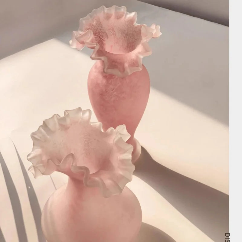 Afralia™ Pink Glass Vase Wave Fold Frosted Vase Floral Arrangement Terrarium Decoration
