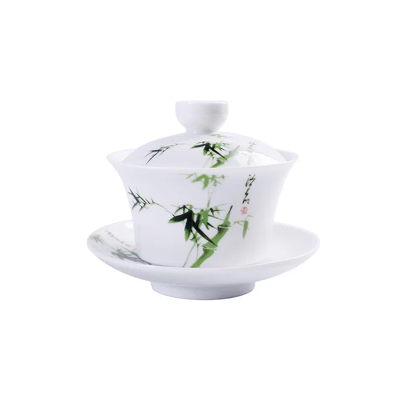 Afralia™ Blue & White Porcelain Gaiwan Tea Set Puer Tea Cups Soup Bowl with Lid