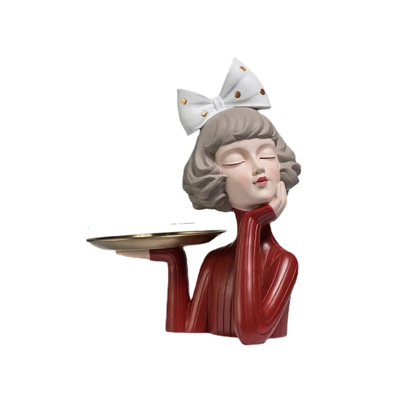 Afralia™ Modern Bow Girl Statue & Storage Tray: Home Decor Figurine, Ornaments, Snacks Holder