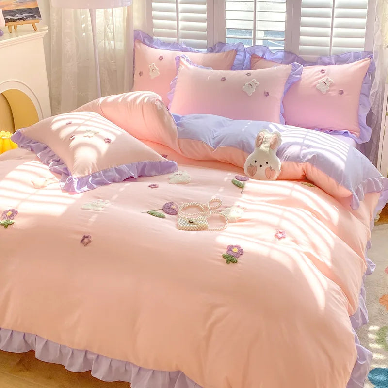 Afralia™ Cartoon Princess Embroidered Cotton Bedding Set for Adult Girls