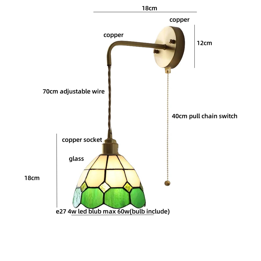 Afralia™ Tiffany Glass LED Wall Sconce | Adjustable Wire Fixture | Modern Pull Chain Switch