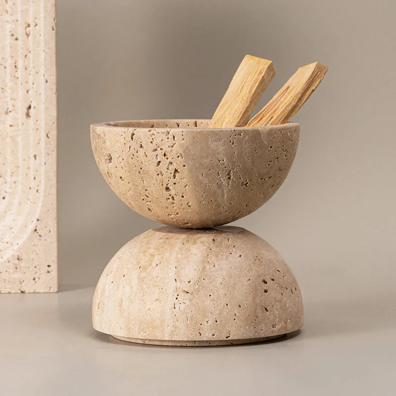 Afralia™ Travertine Marble Incense Burner Ball Shape Stone Holder Home Decor Tray