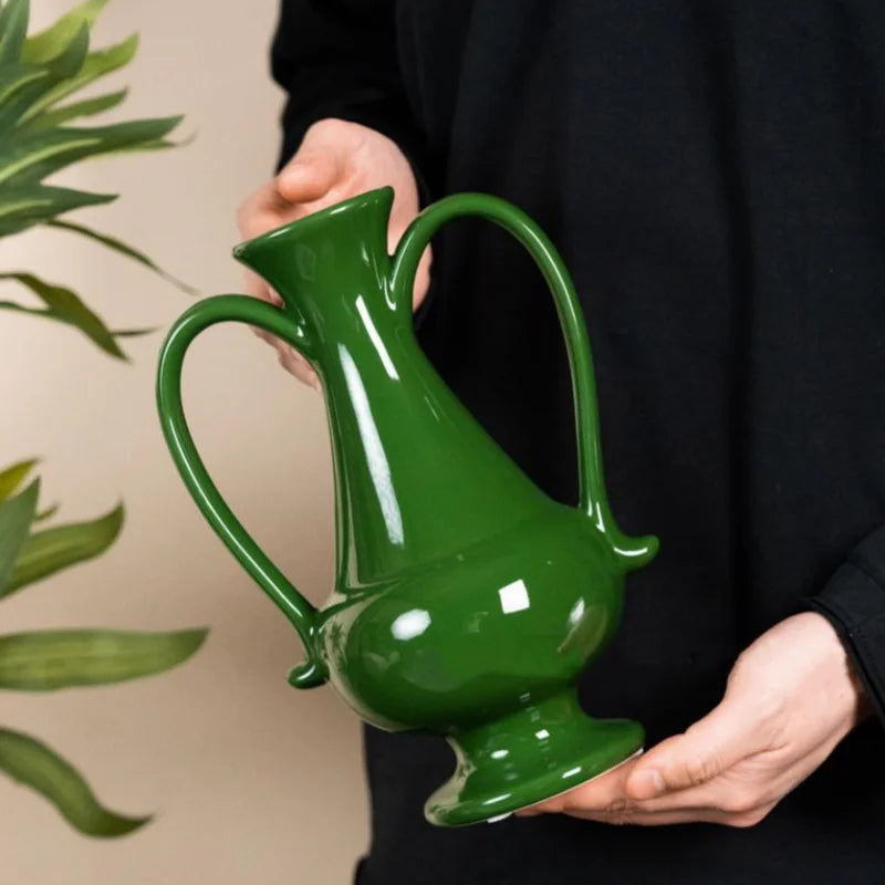 Afralia™ Green Ceramic Vase Double-eared Vintage Bottle Flower Arrangement Home Decor