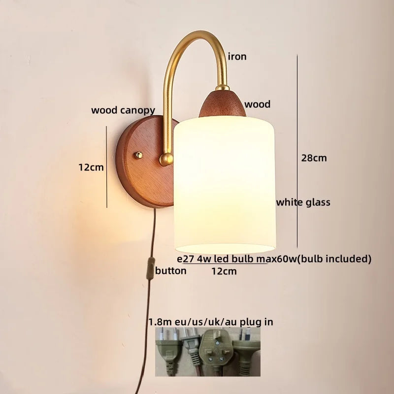 Afralia™ Wood Glass LED Wall Light Modern Bedside Lamp for Living Room & Bedroom
