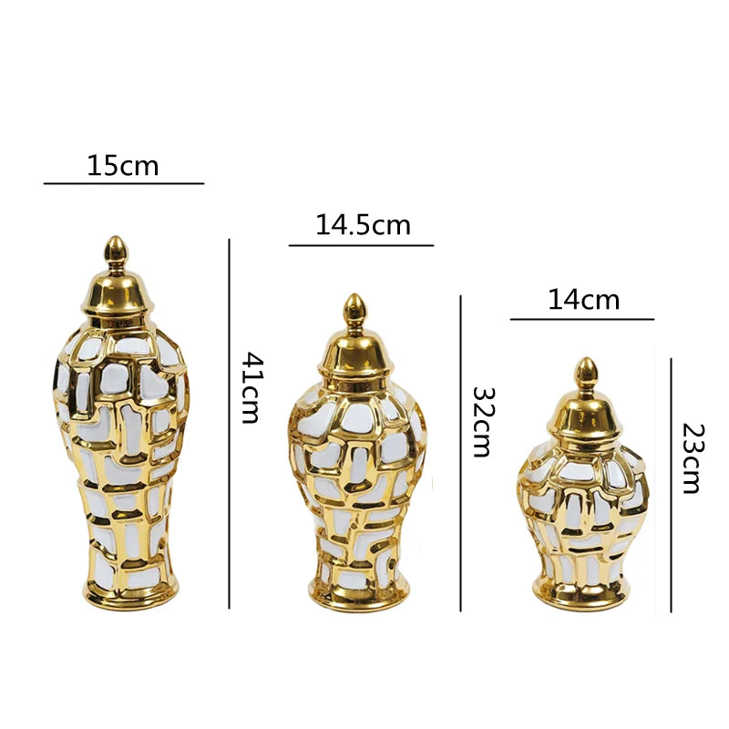 Afralia™ Gold Plaid Ceramic General Jar - Vintage Decorative Ornaments