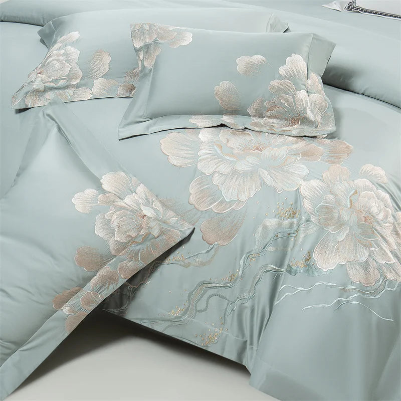 Afralia™ Luxury Flowers Embroidery Egyptian Cotton Bedding Set with 1400TC Quality