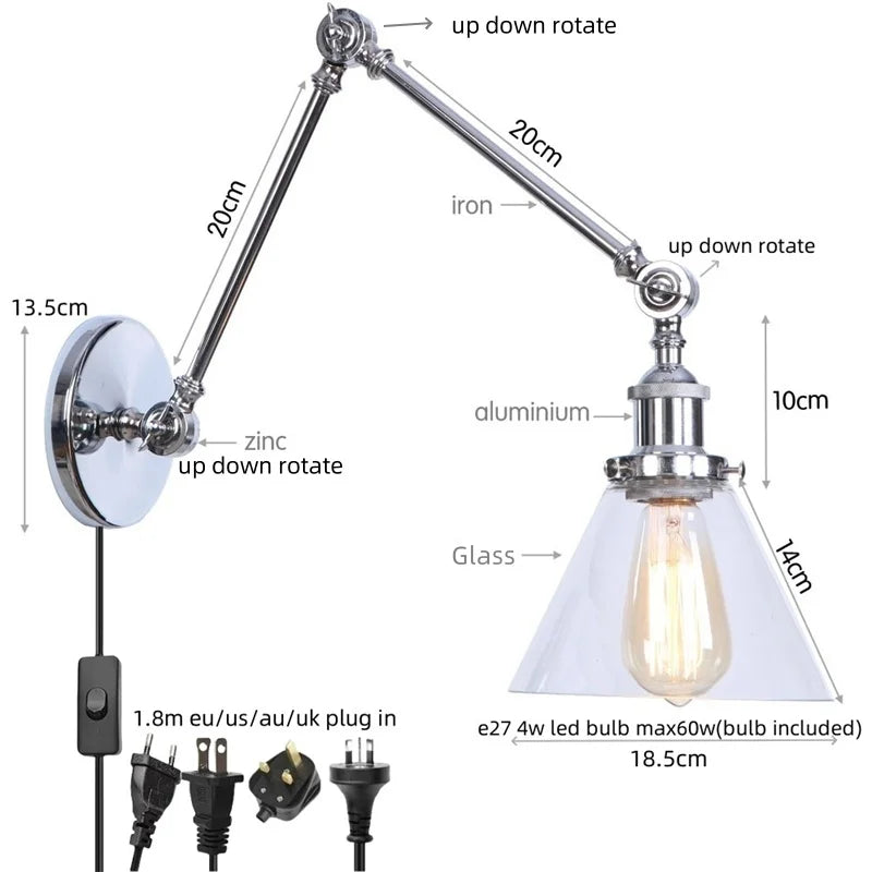 Afralia™ Vintage Loft LED Wall Lights Pull Chain Switch Glass Chrome Wall Lamp