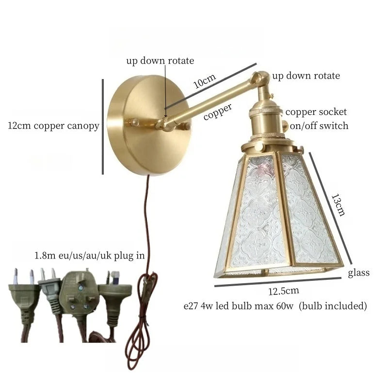 Afralia™ Hexagonal Glass LED Wall Lamp Vintage Copper Pull Chain Switch for Living Room