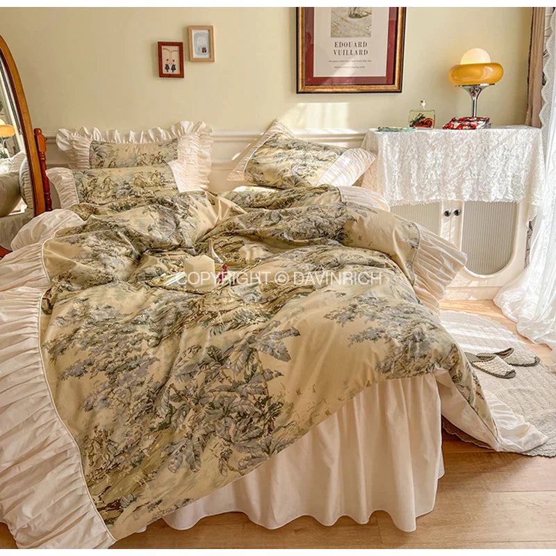 Afralia™ Vintage Oil Painting Inspired Ruffled Queen Duvet Cover Set - 4 Pieces