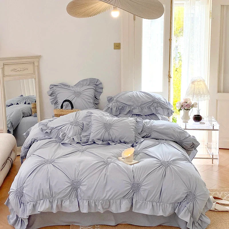 Afralia™ Korean Princess Style Pure Cotton Bedding Set with Ruffles and Heart Pleat