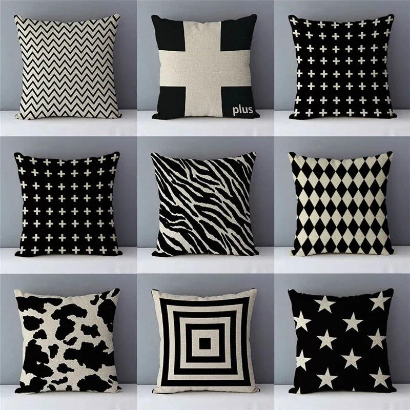 Nordic Geometric Black & White Linen Cushion Cover 45x45cm for Home Decor by Afralia™