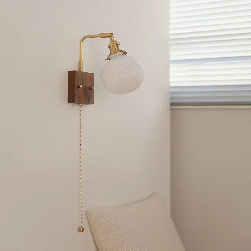 Afralia™ Globe Ceramic Walnut Wood Wall Light with Pull Chain Switch and Rotatable Design