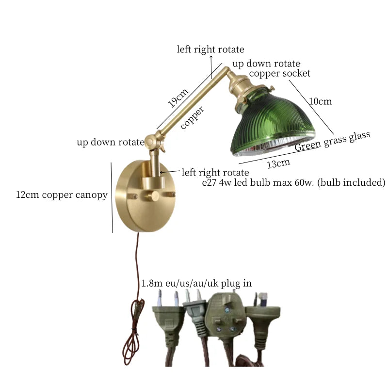 Afralia™ Vintage Brass Glass LED Wall Light with Pull Chain, Left Right Rotate Mirror Design
