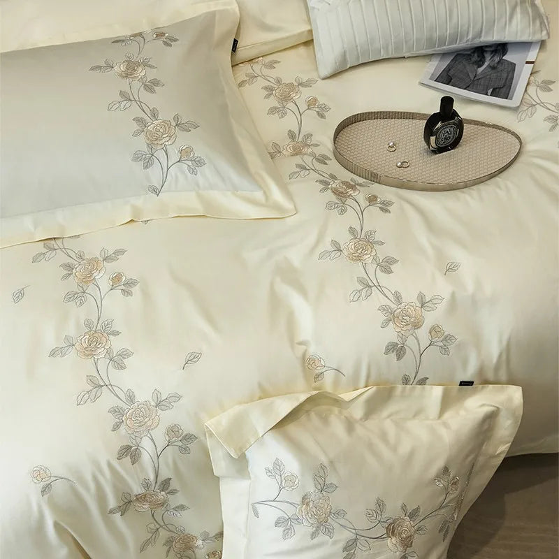 Afralia™ Rose Flowers Embroidery Luxury Egyptian Cotton Bedding Set