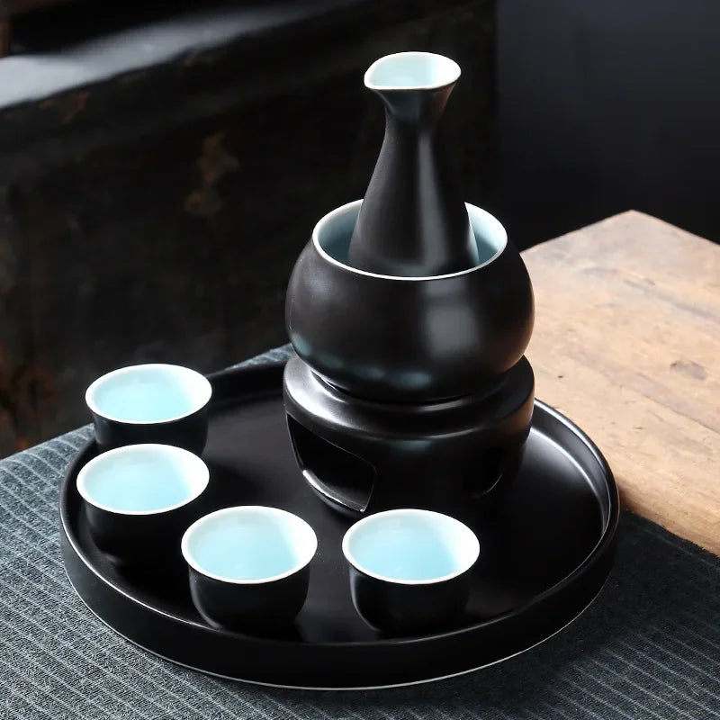 Afralia™ Sake Set: 7-Piece Ceramic Wine Kit with Carafe, Cups, Warmer, and Candle Warmer