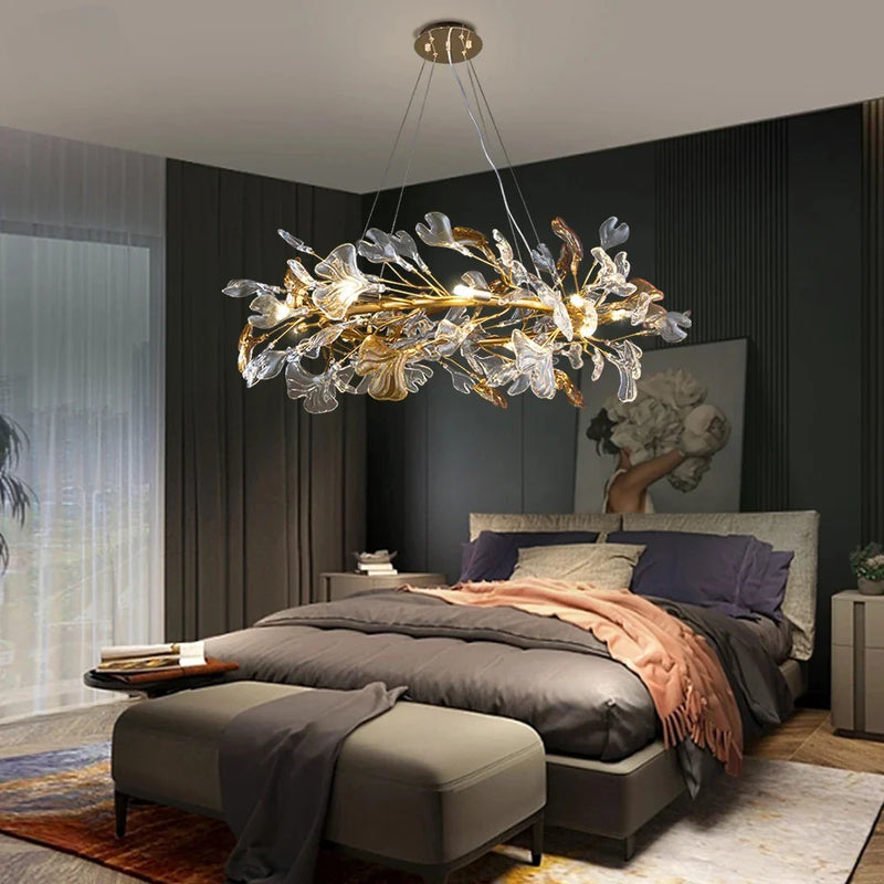 Afralia™ Round Glass Leaf Crystal Branch Chandelier for Bedroom, Living Room, Dining Room