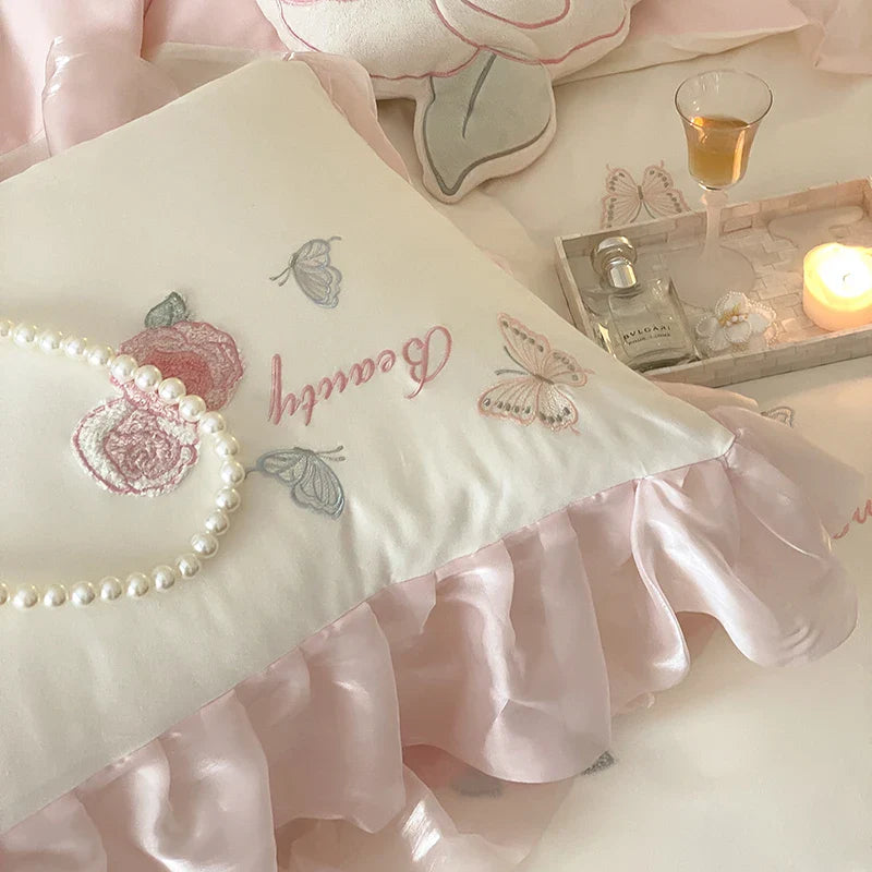 Afralia™ Butterfly Flowers Lace Ruffles 4Pcs Bedding Set: Duvet Cover, Sheet, Pillowcases