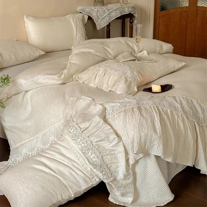 Afralia™ French Lace Ruffle Embroidery Bedding Set with Natural Health Skin Fabric