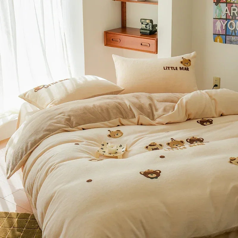 Afralia™ Embroidered Milk Fleece Winter Bedding Set for Warmth & Cozy Comfort