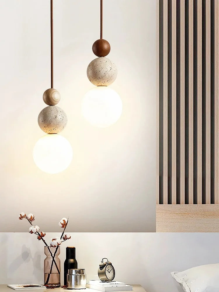 Afralia™ Cream Style LED Pendant Lamp for Bedroom and Bar - Designer Stone Wood Chandelier