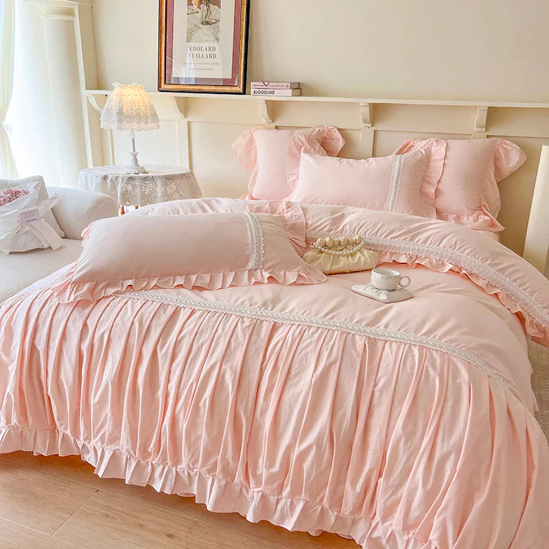 Afralia™ Pleat Ruffles Patchwork Cotton Bedding Set with Pink & White French Style