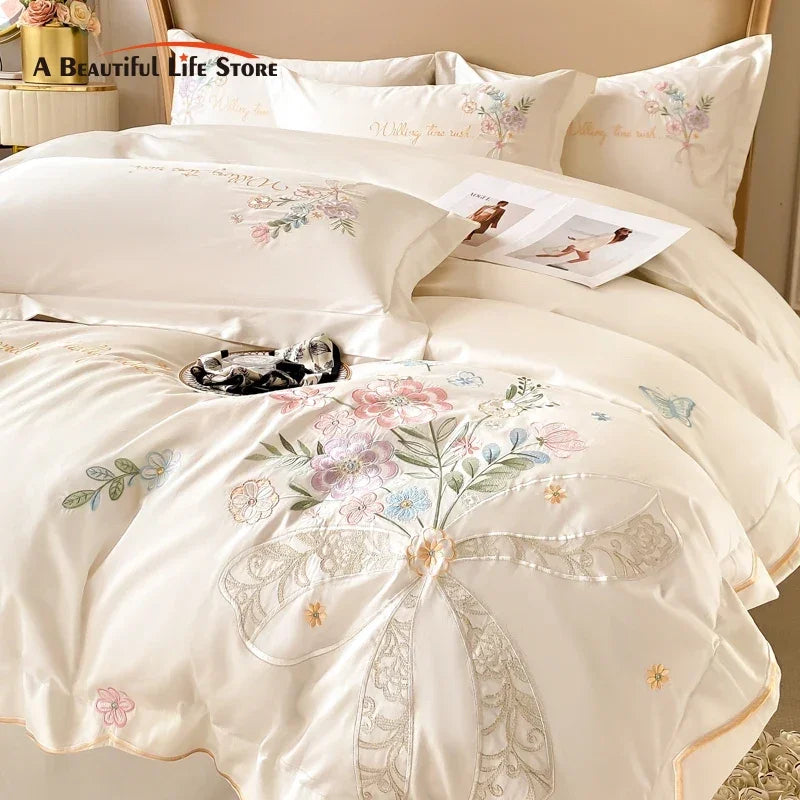 Afralia™ Chic Flowers Embroidery Bedding Set, 100% Cotton, 400TC