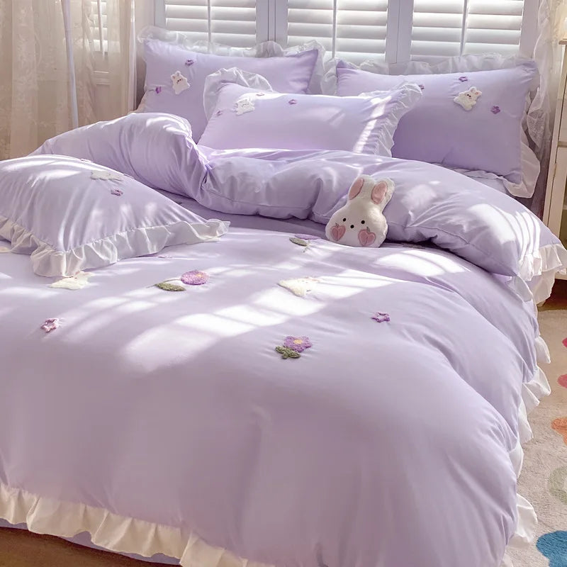 Afralia™ Cartoon Princess Embroidered Cotton Bedding Set for Adult Girls