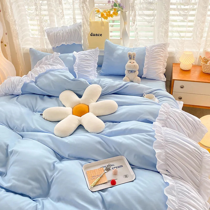 Afralia™ Lace Trim Solid Cotton Bedding Set - Queen/King/Double/Single Sizes