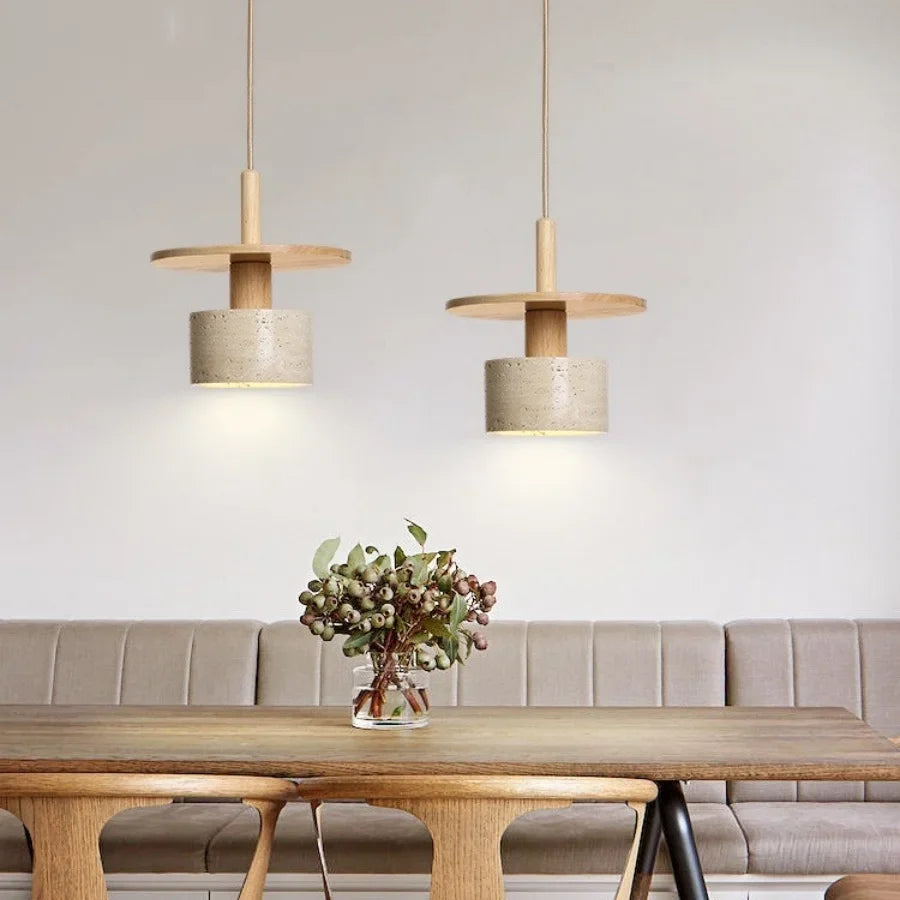 Afralia™ Natural Wood LED Pendant Lights Yellow Travertine for Bedroom, Kitchen, Bar