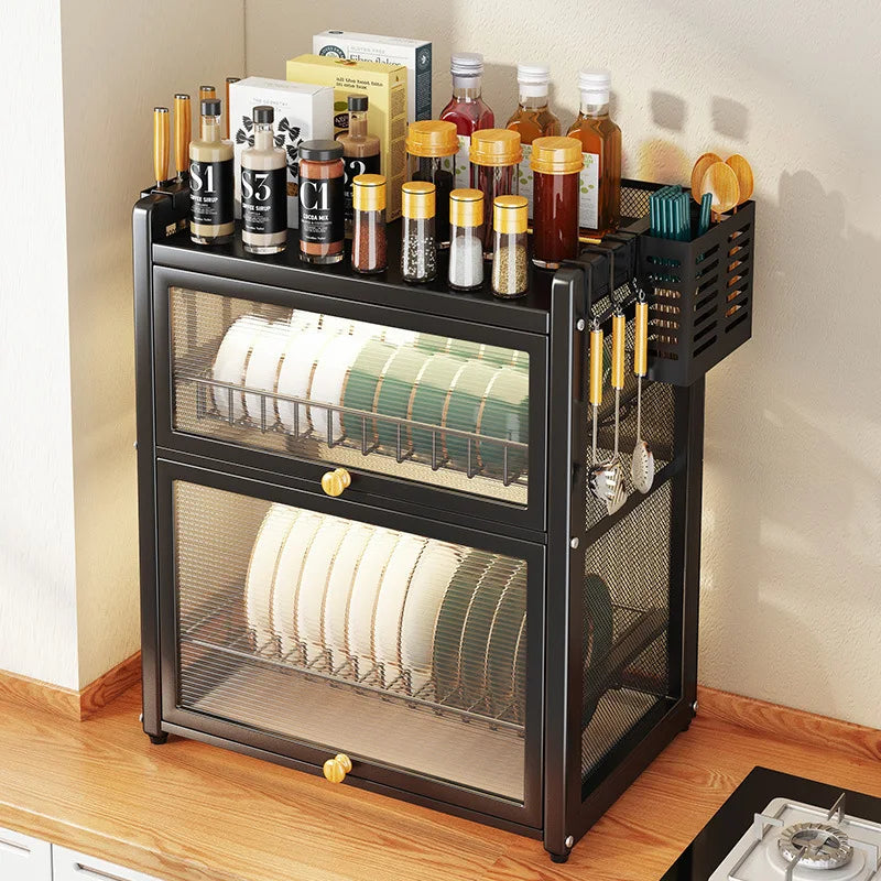 Afralia™ Double-layer Kitchen Dish Drying Rack with Chopstick Cage and Tableware Basket