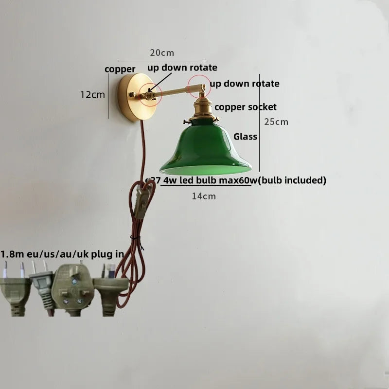 Afralia™ Green Loft LED Wall Light: Vintage Bedside Lamp, Up Down Rotate Glass, Pull Chain Switch
