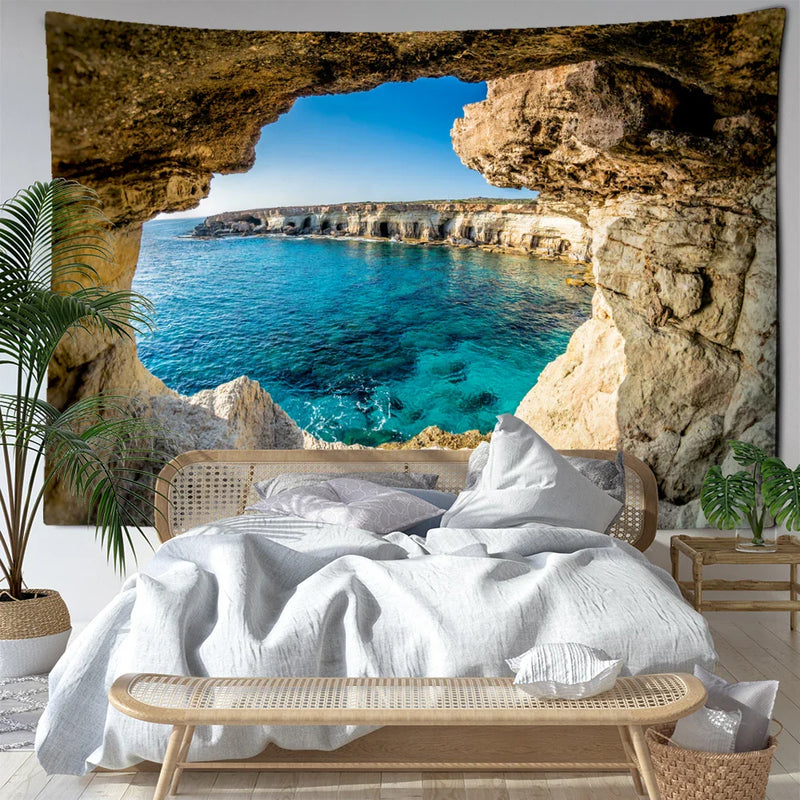 Beach Cave Landscape Tapestry Wall Hanging by Afralia™: Minimalist Bohemian Aesthetics Room Decor