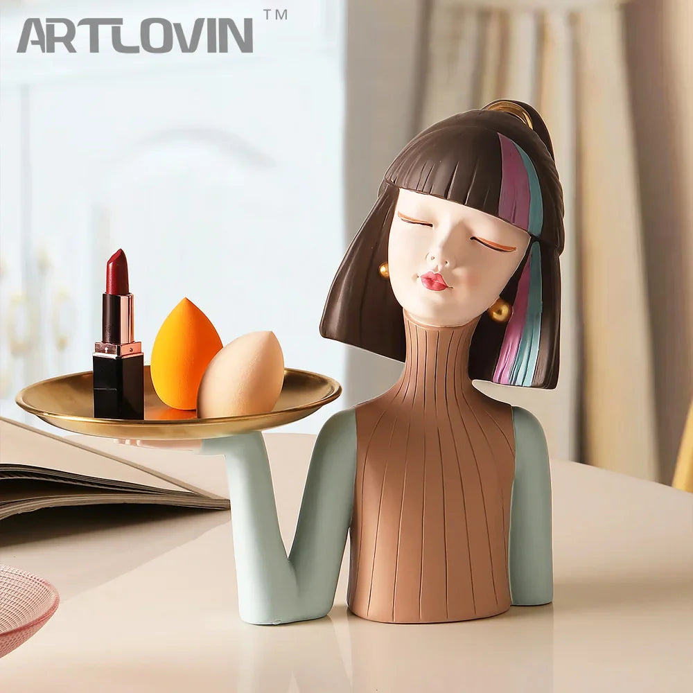 Afralia™ Modern Girl Resin Tray: Creative Storage Statue & Desktop Decoration