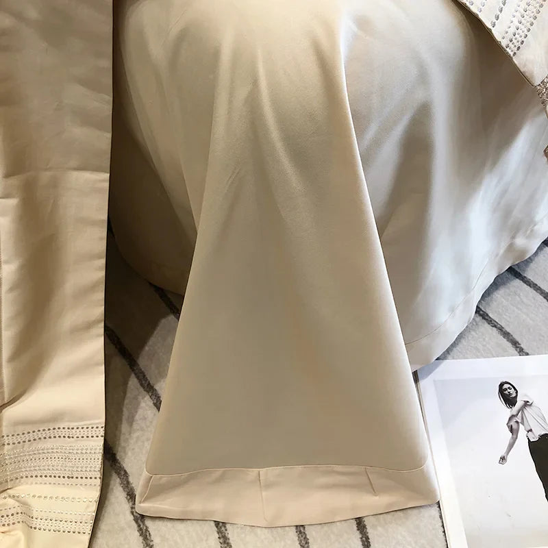 Afralia™ Champagne Embroidered Lace Bedding Set with 1000TC Egyptian Cotton Duvet Cover & Sheet